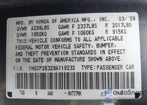 2009 Honda Accord 2.4 Lx из США, поврежденный, VIN 1HGCP26329A119232